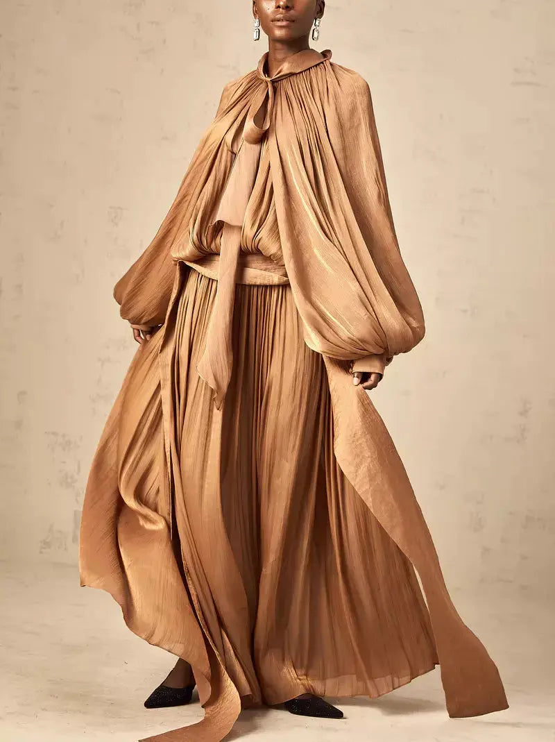 Draped Pleated Tie-Neck Maxi Dress in Brown - Dresses