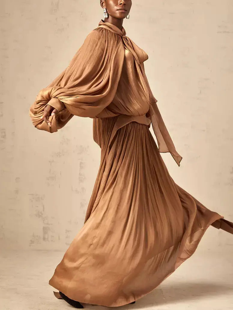 Draped Pleated Tie-Neck Maxi Dress in Brown - Dresses