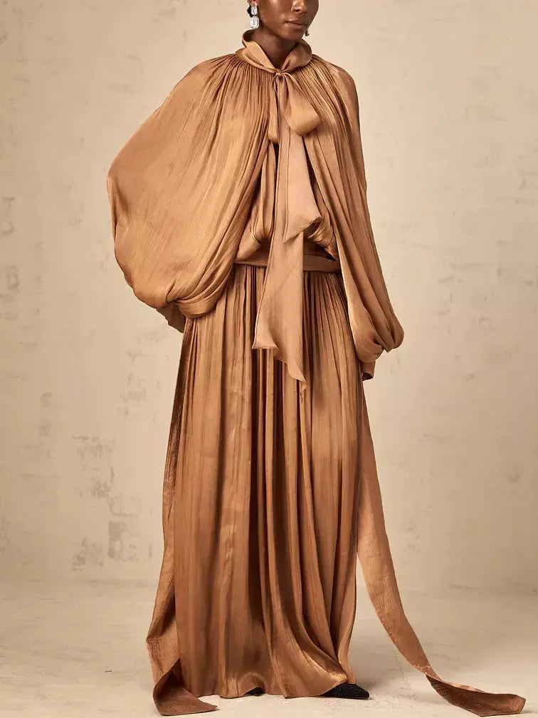 Draped Pleated Tie-Neck Maxi Dress in Brown - Dresses