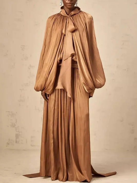 Draped Pleated Tie-Neck Maxi Dress in Brown - Dresses