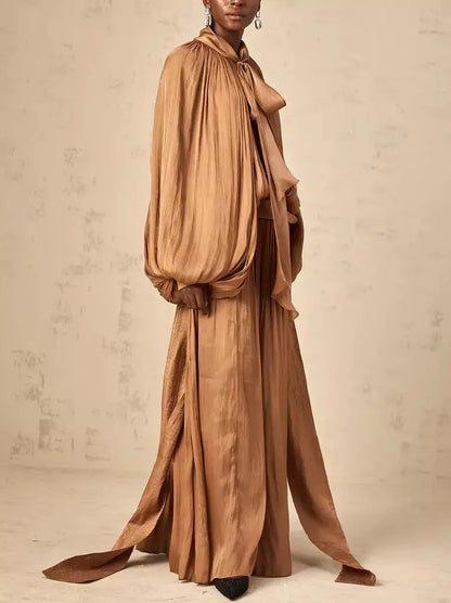 Draped Pleated Tie-Neck Maxi Dress in Brown - Dresses