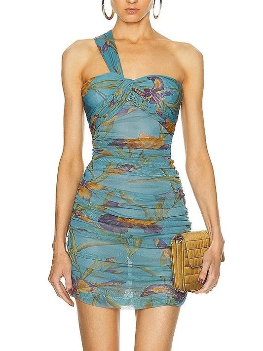 Draped Printed One-Shoulder Mesh Mini Dress - Small - Dresses