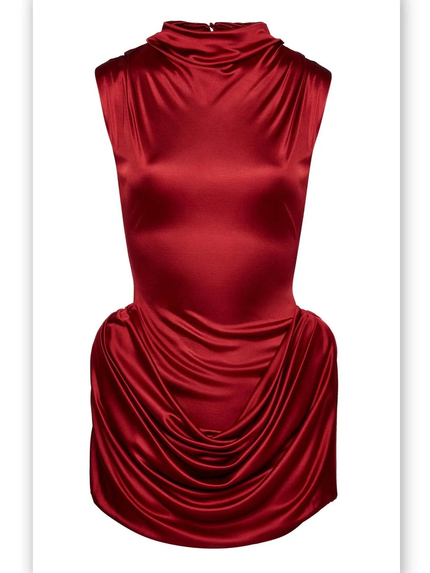 Draped Red Sleeveless Mock-Neck Mini Dress - Dresses