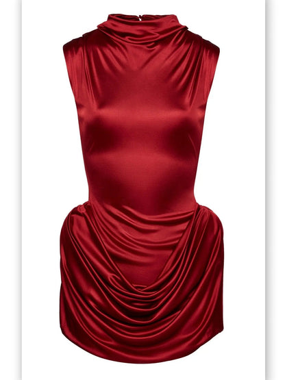 Draped Red Sleeveless Mock-Neck Mini Dress - Dresses