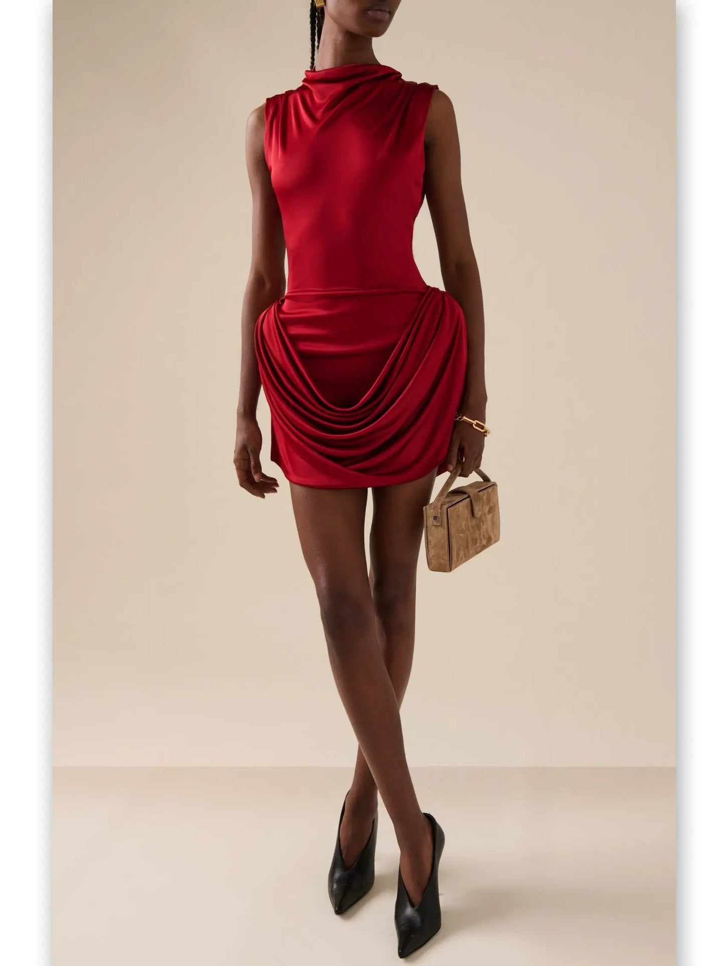 Draped Red Sleeveless Mock-Neck Mini Dress - Dresses