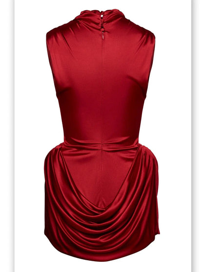 Draped Red Sleeveless Mock-Neck Mini Dress - Dresses