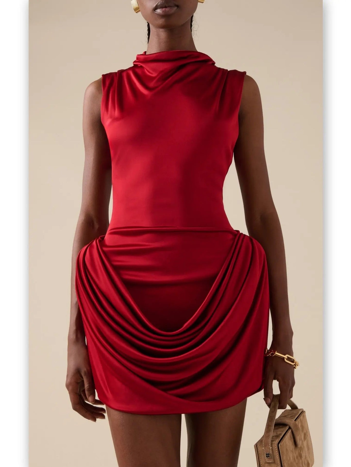 Draped Red Sleeveless Mock-Neck Mini Dress - Dresses