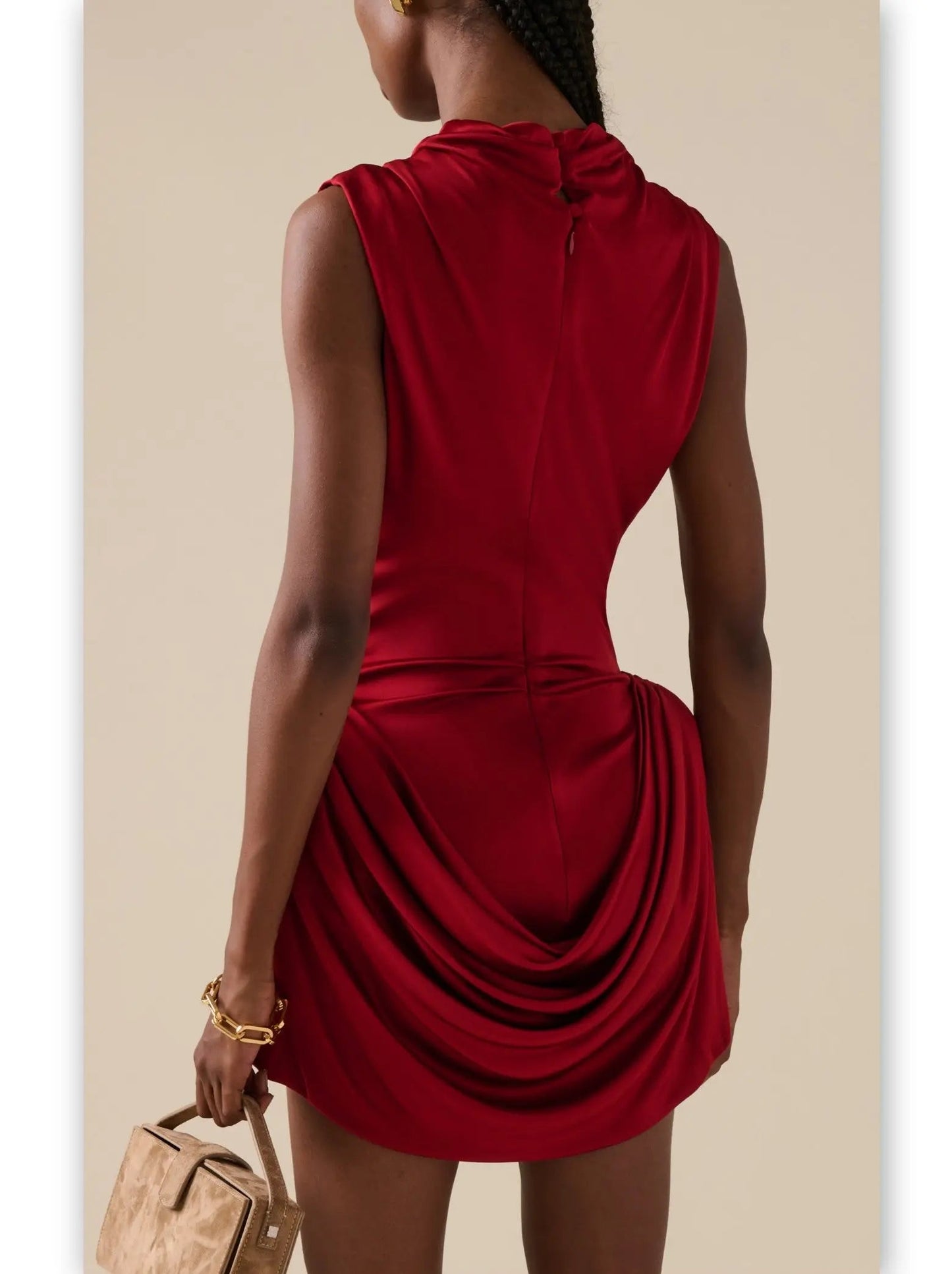 Draped Red Sleeveless Mock-Neck Mini Dress - Dresses