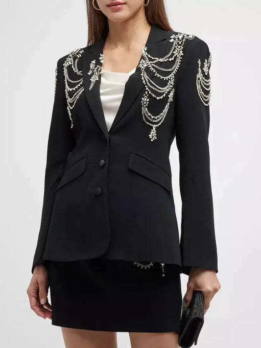 Draped Rhinestone-Chain Single-Breasted Black Blazer - Jackets