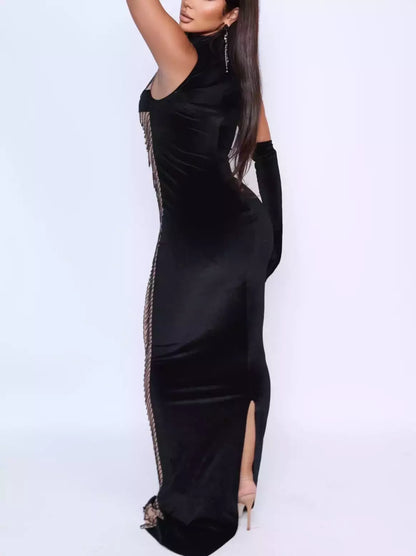 Draped Rhinestone-Chain Velvet Panel Gown - Dresses