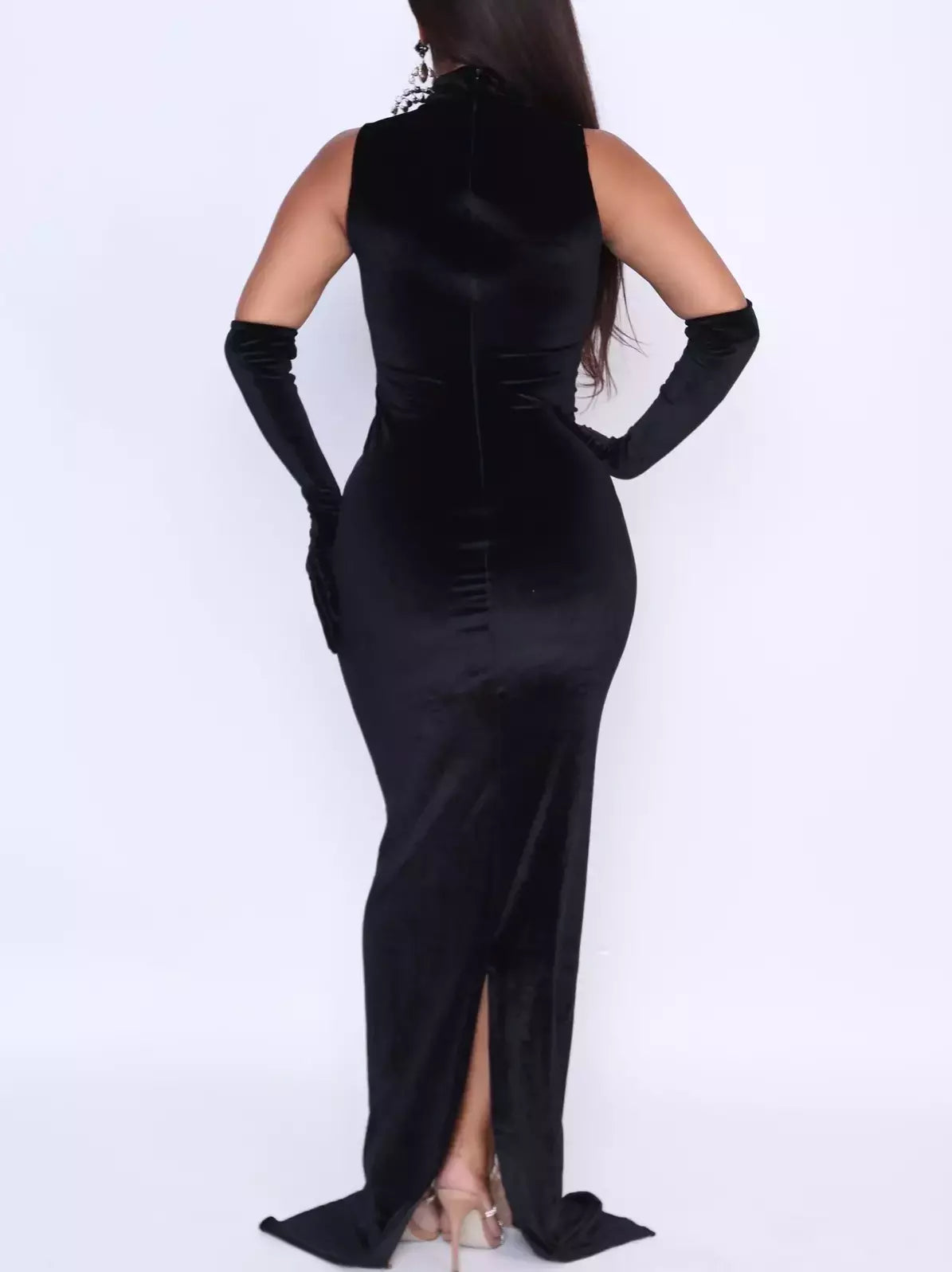 Draped Rhinestone-Chain Velvet Panel Gown - Dresses