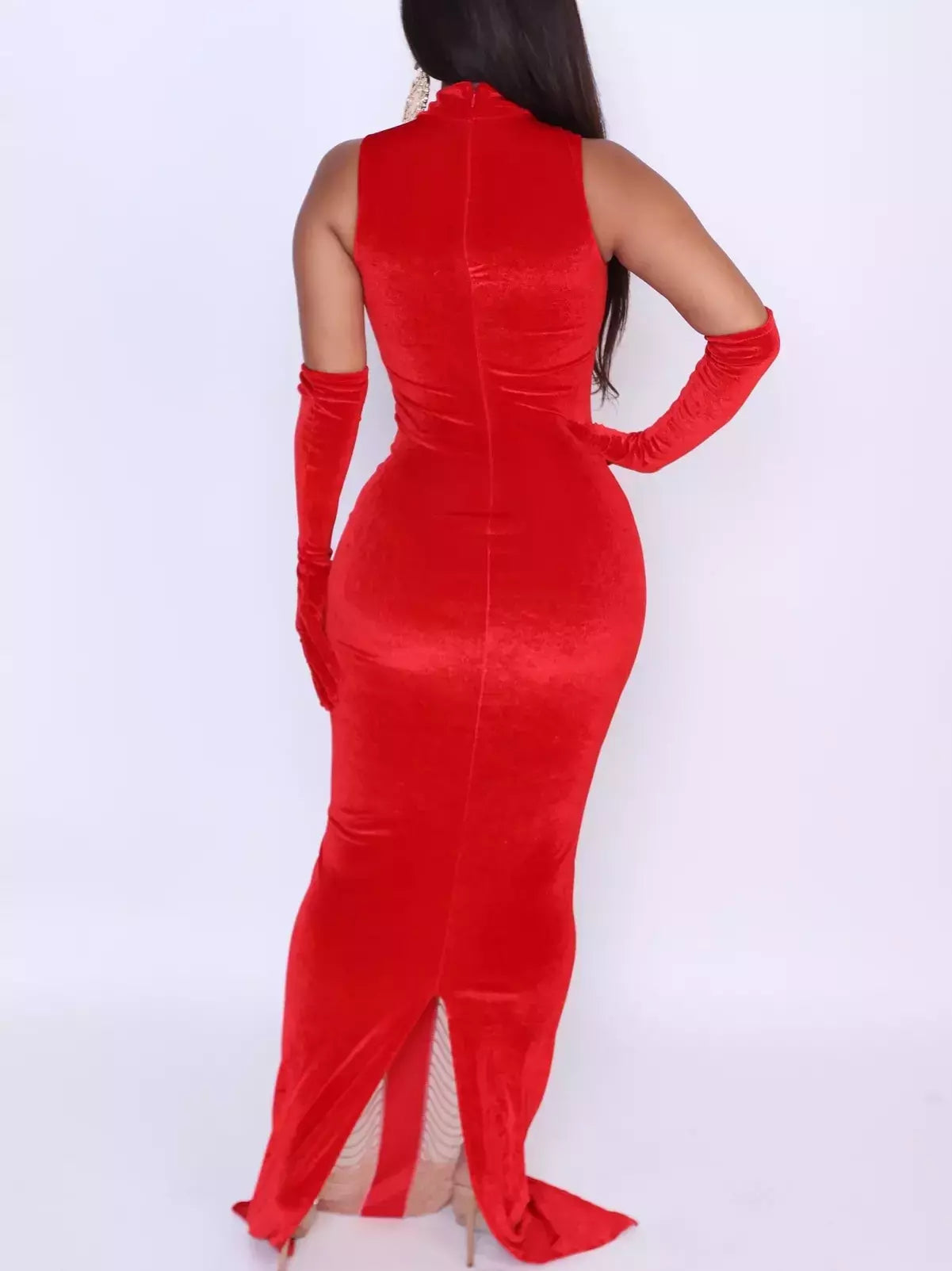 Draped Rhinestone-Chain Velvet Panel Gown - Dresses