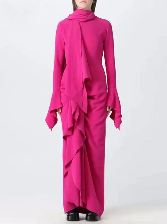 Draped Ruffled Crepe Scarf Maxi Dress in Pink - Dresses