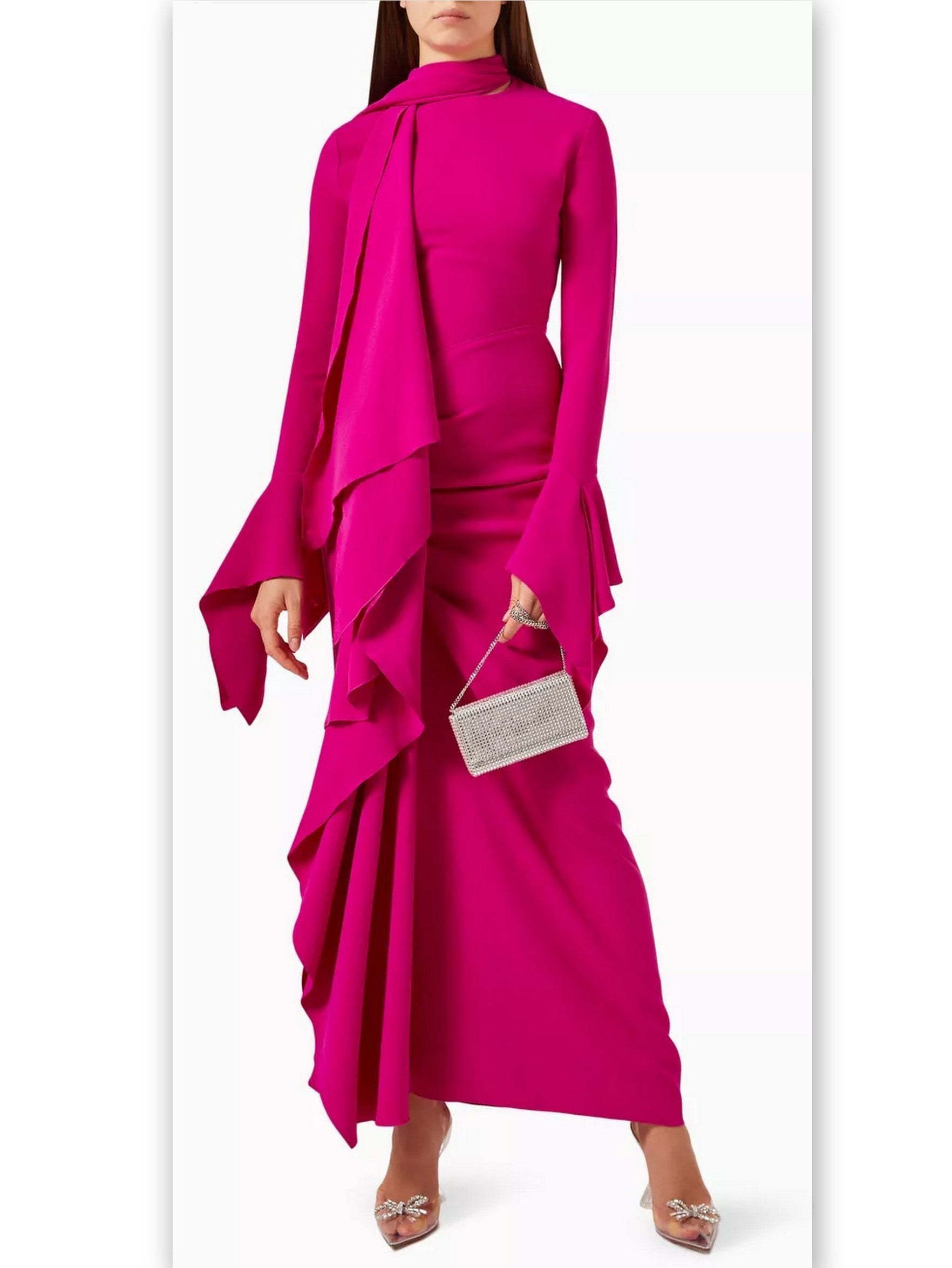 Draped Ruffled Crepe Scarf Maxi Dress in Pink - Dresses