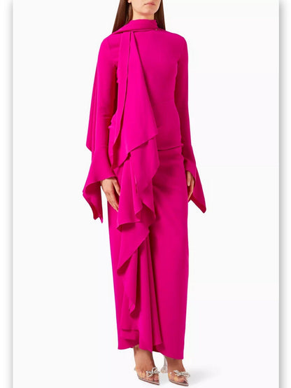 Draped Ruffled Crepe Scarf Maxi Dress in Pink - Dresses