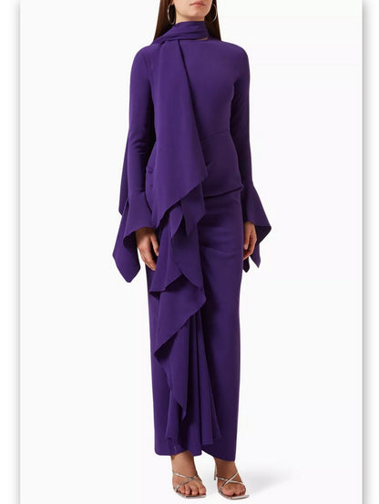 Draped Ruffled Crepe Scarf Maxi Dress in Purple - Dresses