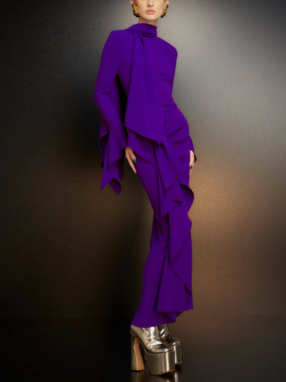 Draped Ruffled Crepe Scarf Maxi Dress in Purple - Dresses