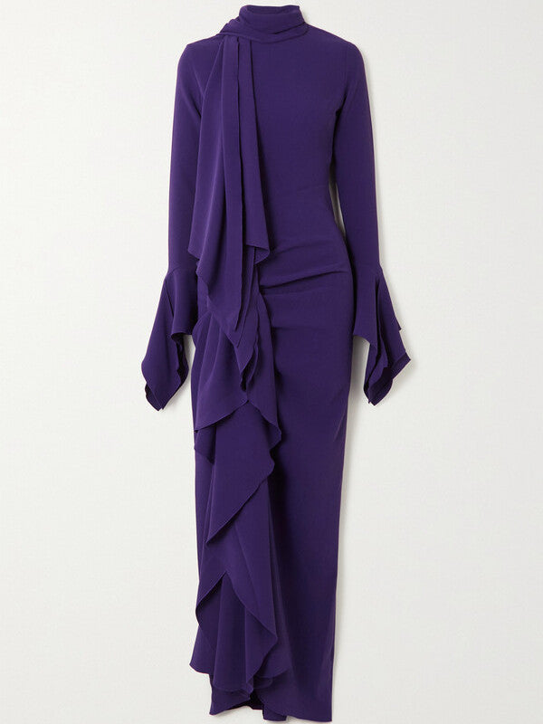 Draped Ruffled Crepe Scarf Maxi Dress in Purple - Dresses