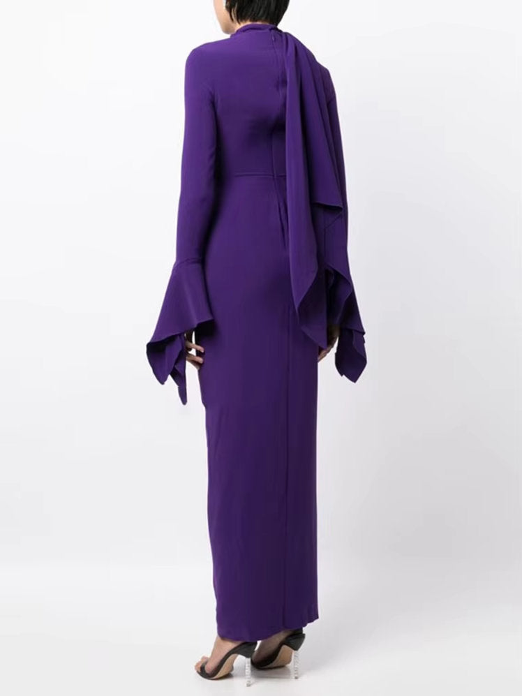 Draped Ruffled Crepe Scarf Maxi Dress in Purple - Dresses