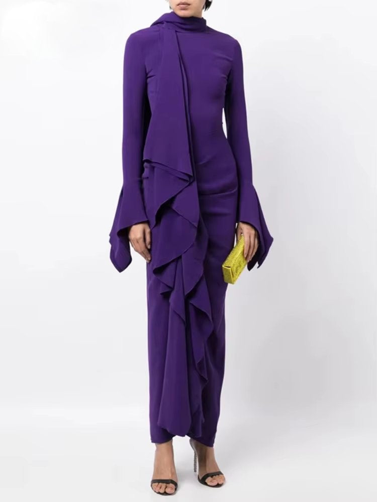 Draped Ruffled Crepe Scarf Maxi Dress in Purple - Dresses