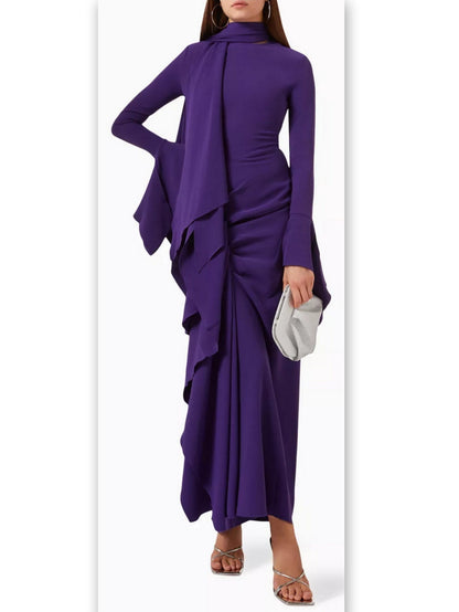 Draped Ruffled Crepe Scarf Maxi Dress in Purple - Dresses