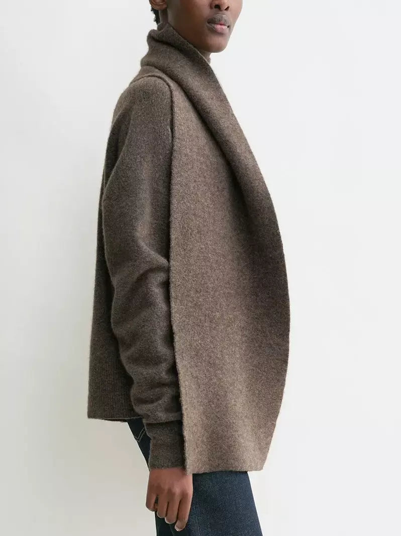 Draped Scarf Neck Wool Sweater in Brown - Sweaters & Knitwear