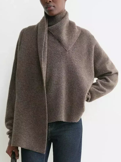 Draped Scarf Neck Wool Sweater in Brown - Sweaters & Knitwear