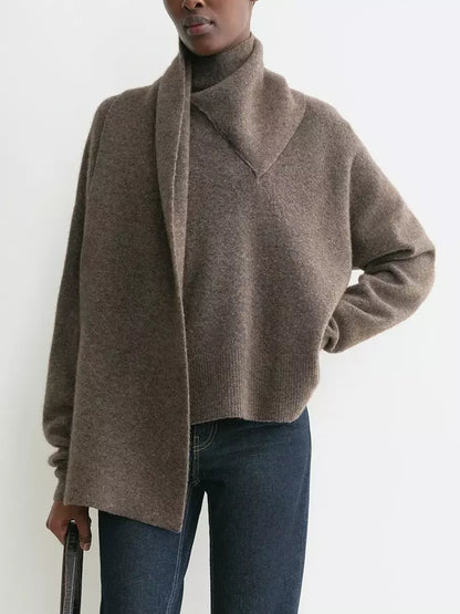 Draped Scarf Neck Wool Sweater in Brown - Sweaters & Knitwear