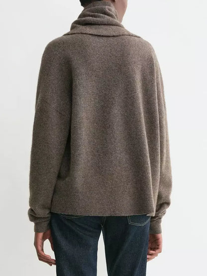 Draped Scarf Neck Wool Sweater in Brown - Sweaters & Knitwear