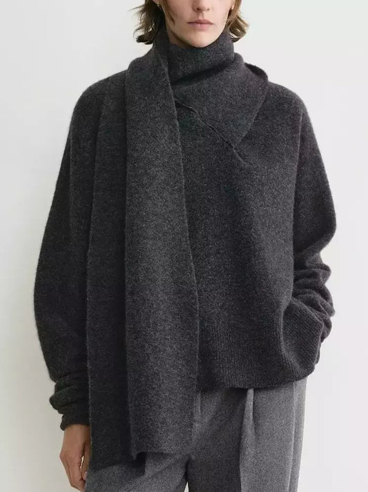 Draped Scarf Neck Wool Sweater in Grey - Sweaters & Knitwear