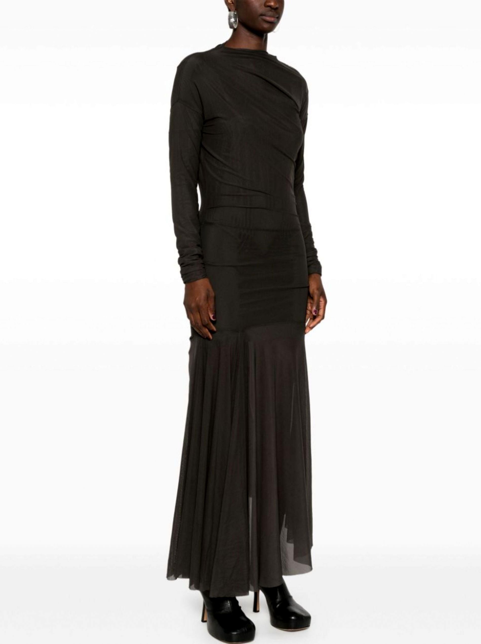 Black long-sleeved Draped Semi-Sheer Jersey Mesh Dress with pleated skirt detail