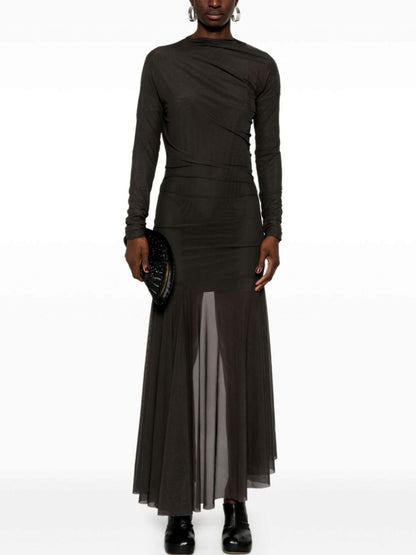 Black Draped Semi-Sheer Jersey Mesh Dress with Long Sleeves and Pleated Skirt