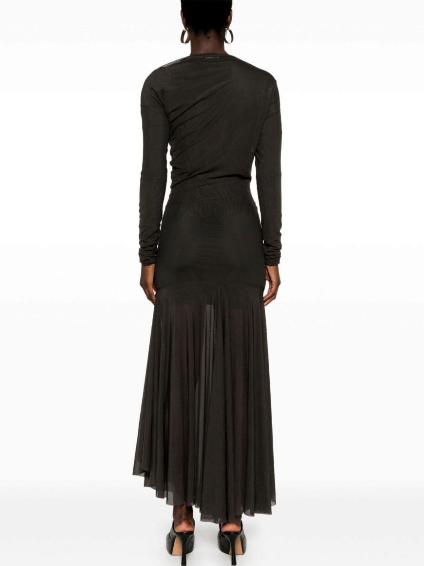 Long-sleeved olive green dress featuring draped semi-sheer jersey mesh design
