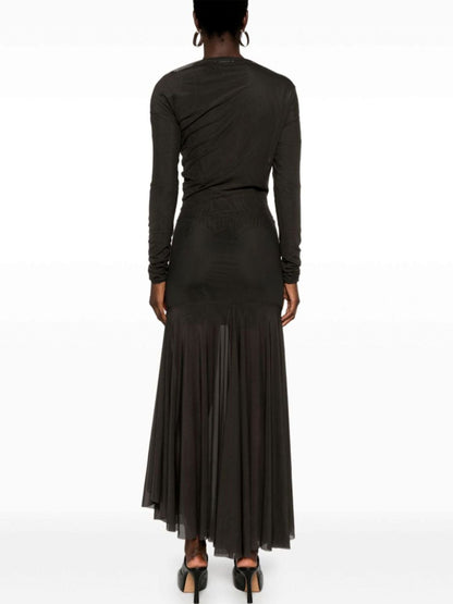 Long-sleeved olive green dress featuring draped semi-sheer jersey mesh design