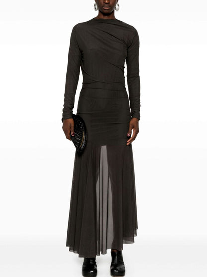 Draped Semi-Sheer Jersey Mesh Dress in Black featuring a long-sleeved sheer skirt