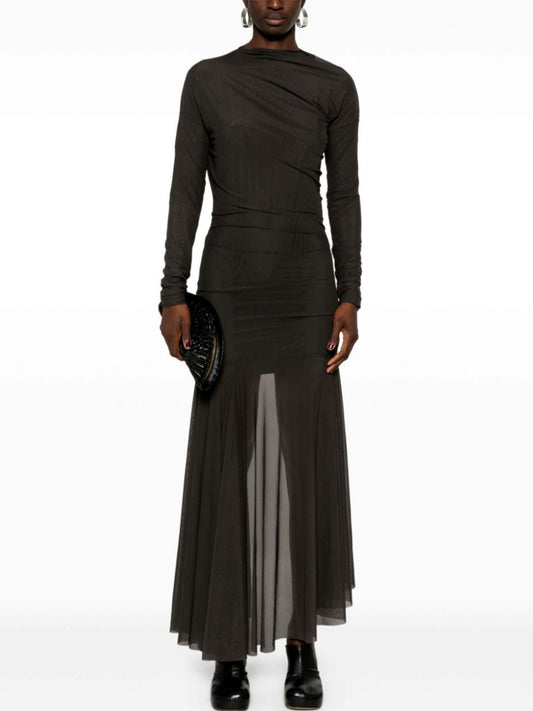 Draped Semi-Sheer Jersey Mesh Dress in Black featuring a long-sleeved sheer skirt
