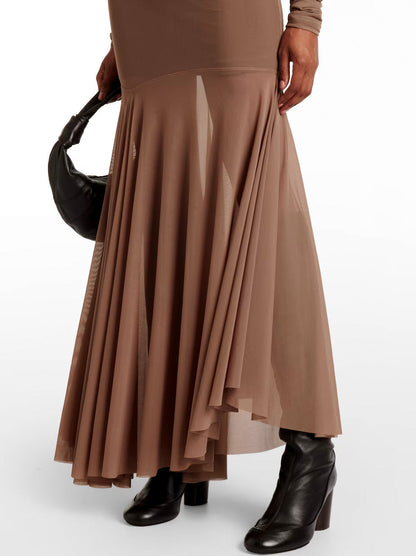 Taupe draped long-sleeve jersey mesh dress in Khaki showcasing elegant style