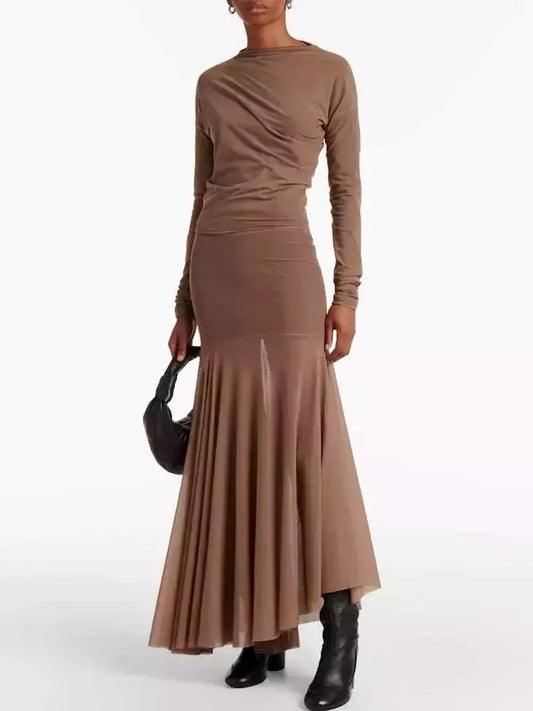 Taupe long-sleeved jersey mesh dress featuring a pleated skirt design