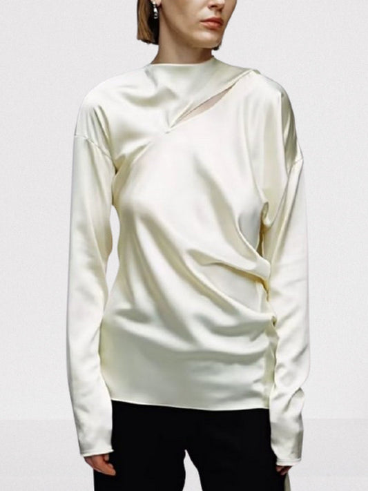 Draped Silk Scarf-Neck Blouse - Tops