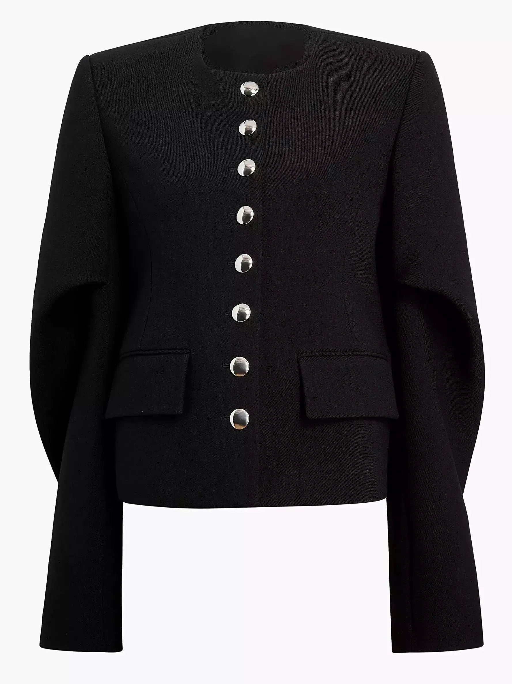 Draped-Sleeve Chrome-Button-Front Black Jacket - Jackets