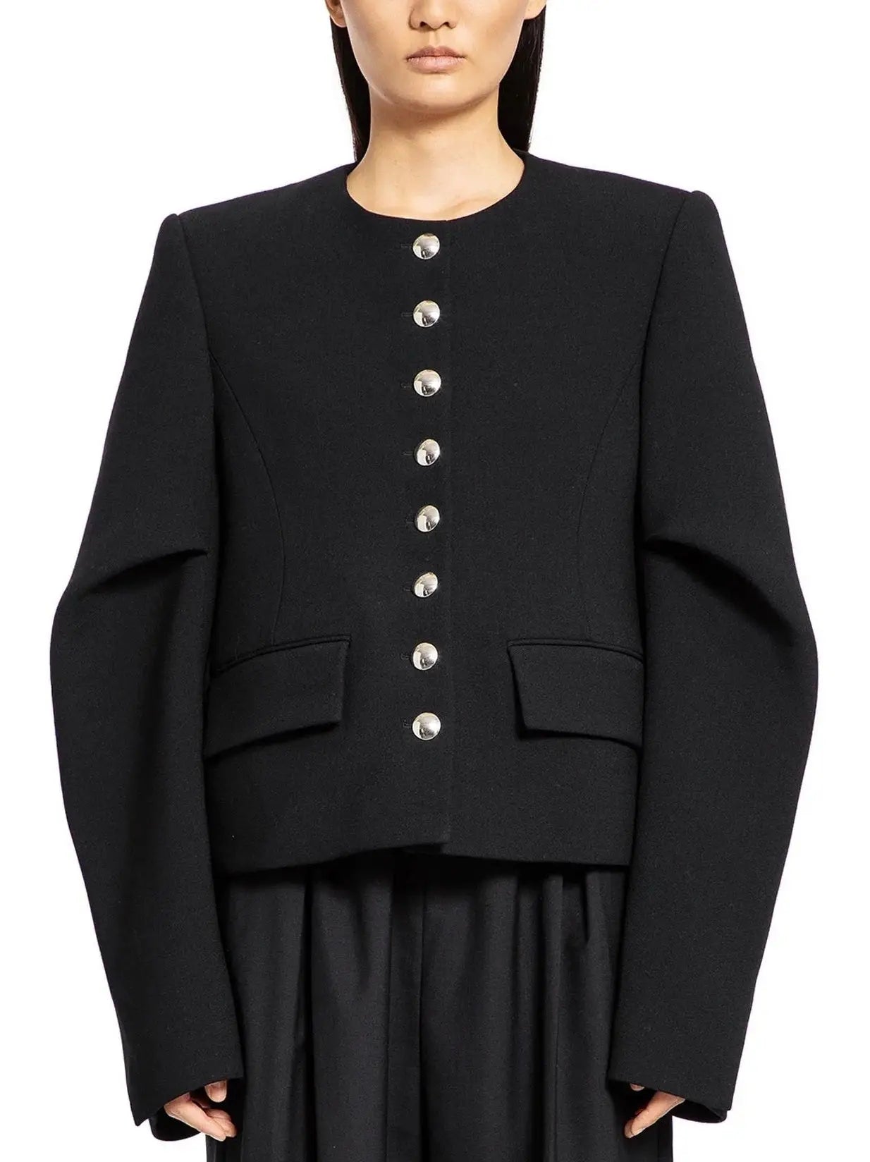 Draped-Sleeve Chrome-Button-Front Black Jacket - Jackets