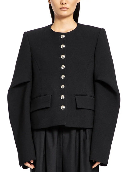 Draped-Sleeve Chrome-Button-Front Black Jacket - Jackets