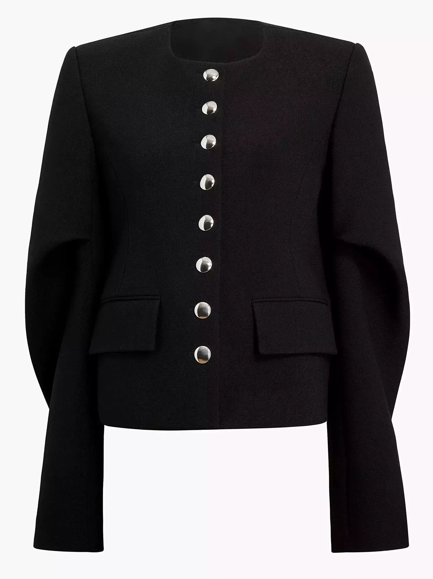 Draped-Sleeve Chrome-Button-Front Black Jacket - Jackets