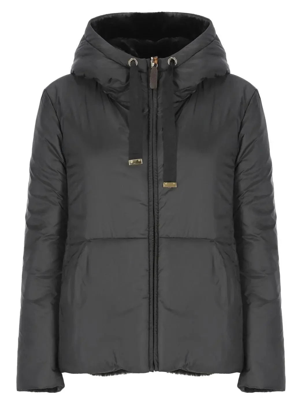 Drawstring Hooded Padded Jacket in Black - Jackets