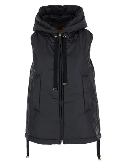 Drawstring Hooded Padded Vest in Black - Jackets