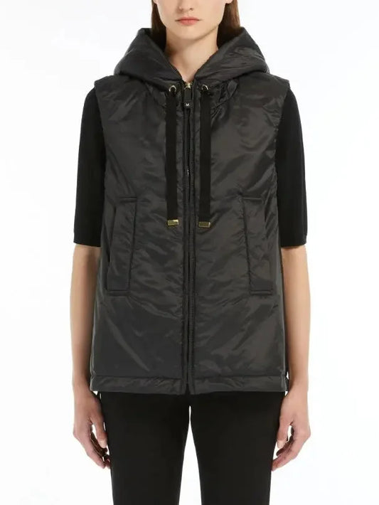 Drawstring Hooded Padded Vest in Black - Jackets