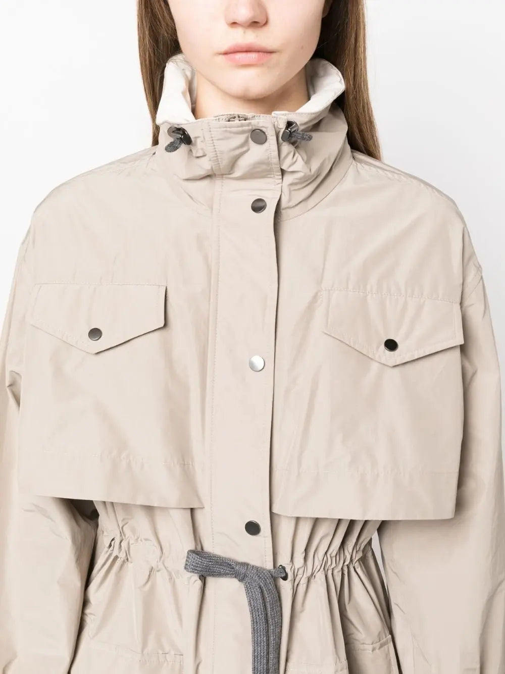 Drawstring-Waist High-Neck Trench Coat - Coats