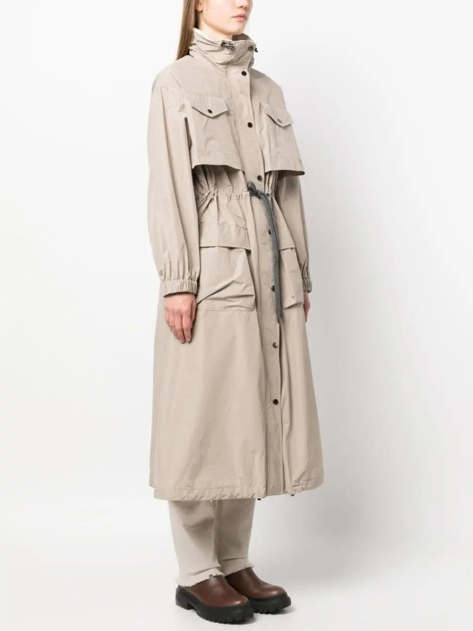 Drawstring-Waist High-Neck Trench Coat - Coats