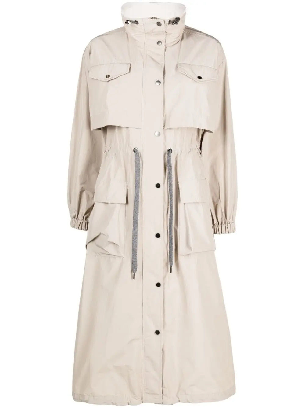 Drawstring-Waist High-Neck Trench Coat - Coats