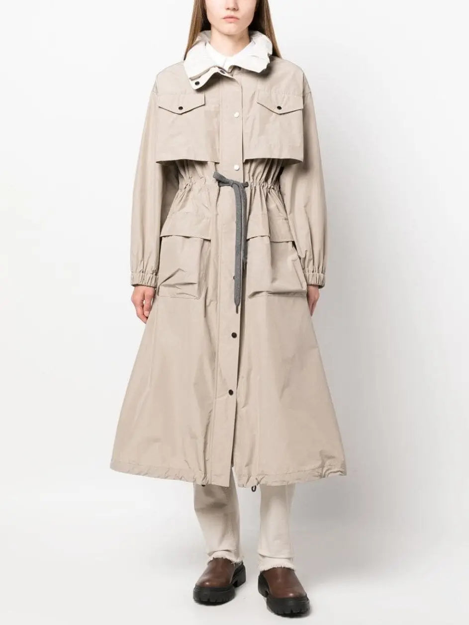 Drawstring-Waist High-Neck Trench Coat - Coats